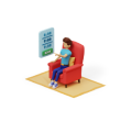 Person sitting in a red armchair, holding a remote, in front of a screen displaying text.